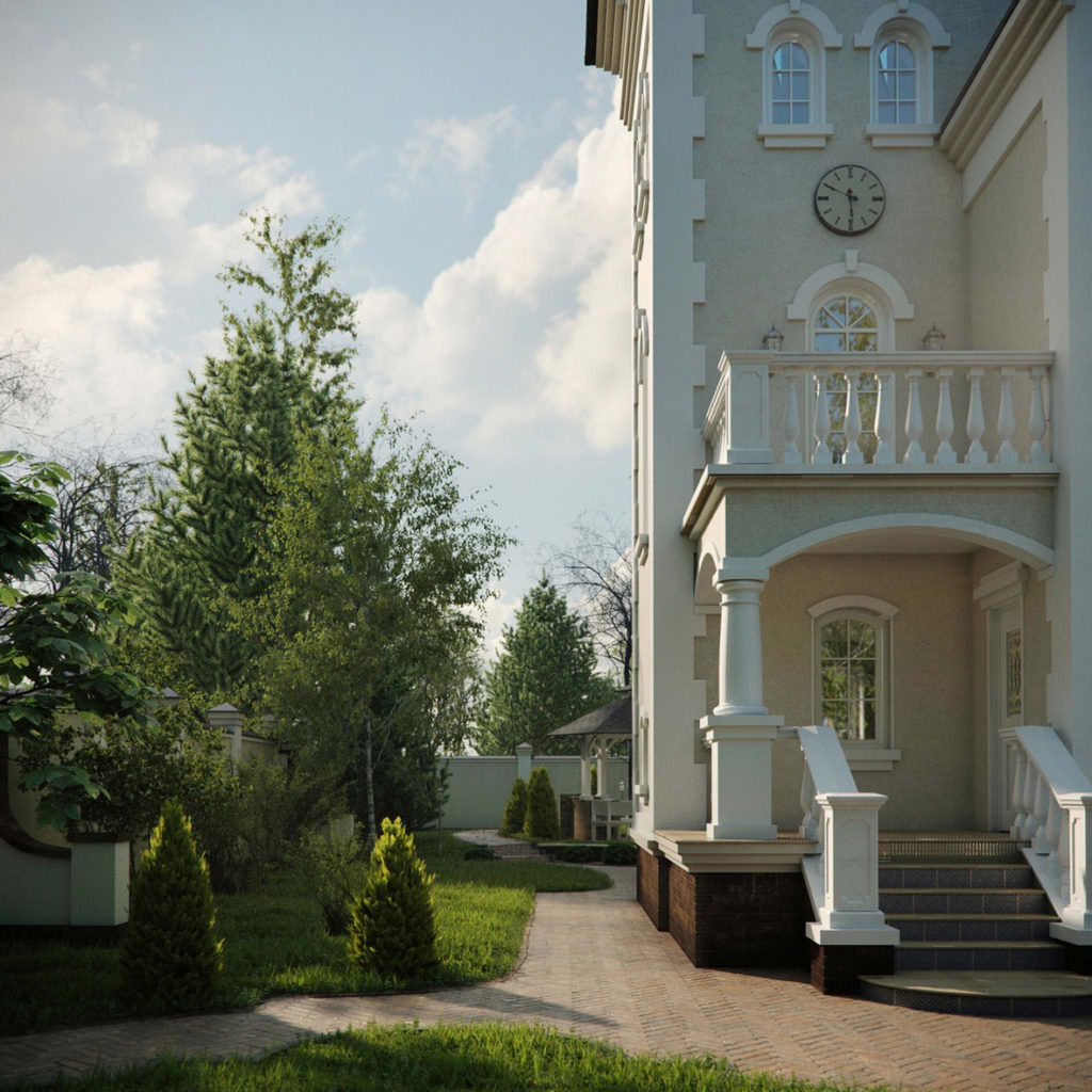 High-end exterior rendering of mansion's porch and balcony with clock in close-up and a green lawn at the side