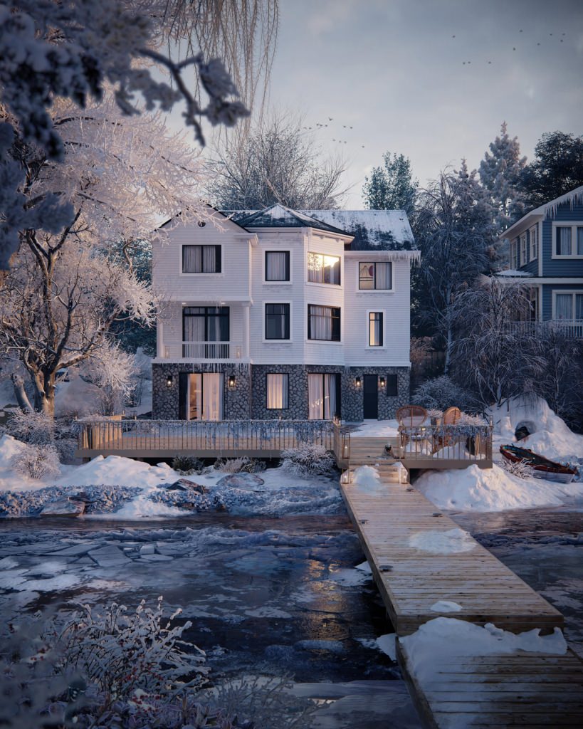 Photorealistic house 3D rendering on a chilly winter morning with a dog warming himself on the porch