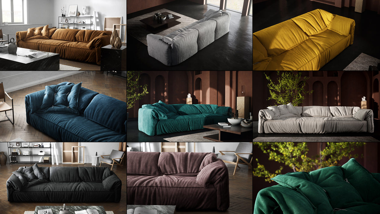 The image consists of nine product renderings of the same sofa with a matching flat cushion in different finishes rendered in two types of interior