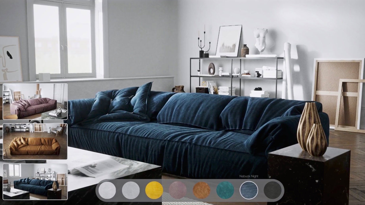 The main focus of the rendering is on a nu-buck night single cushion sofa fitted in a light interior, and on the left corner, there are three photo real screenshots of the same sofa in different colors and materials in the same interior