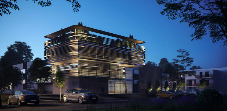 Architectural 3D visualization of a media library in Canohès, France during nighttime with glowing horizontal panels on the facade