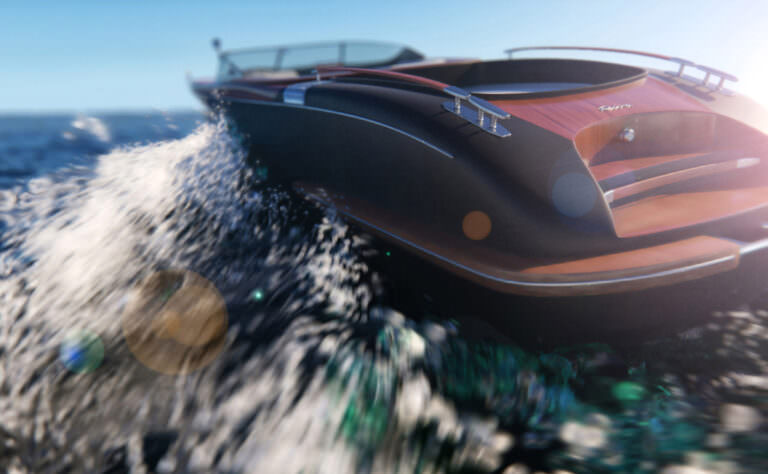 3D render of posh speed boat running in ocean with water splashes