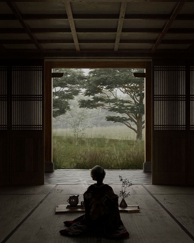 Interior rendering of an ancient Chinese wooden tea house with traditionally-dressed geisha preparing for the tea ceremony