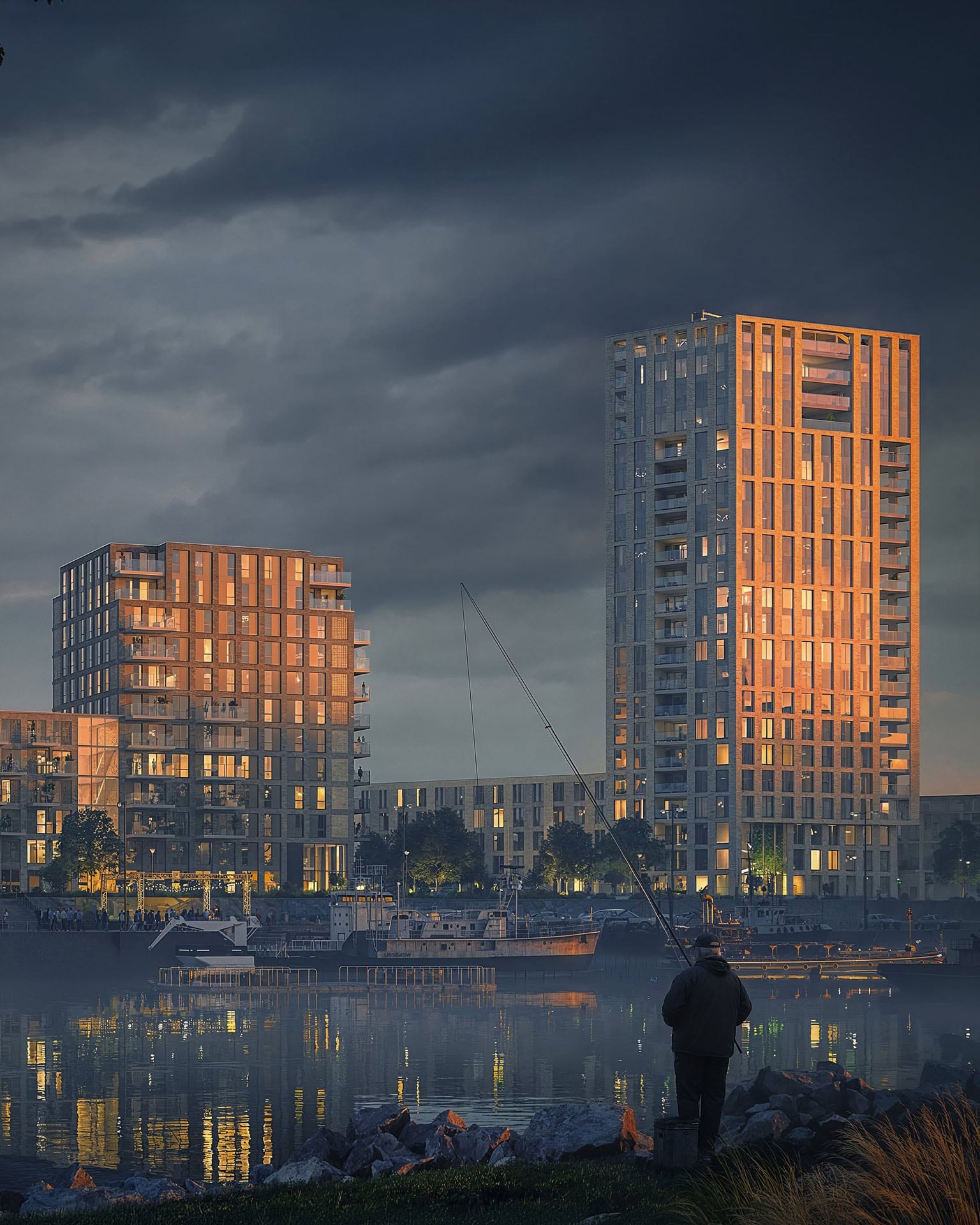 Photorealistic 3D rendering of modern residential towers in Netherlands at sunset with a river in the foreground