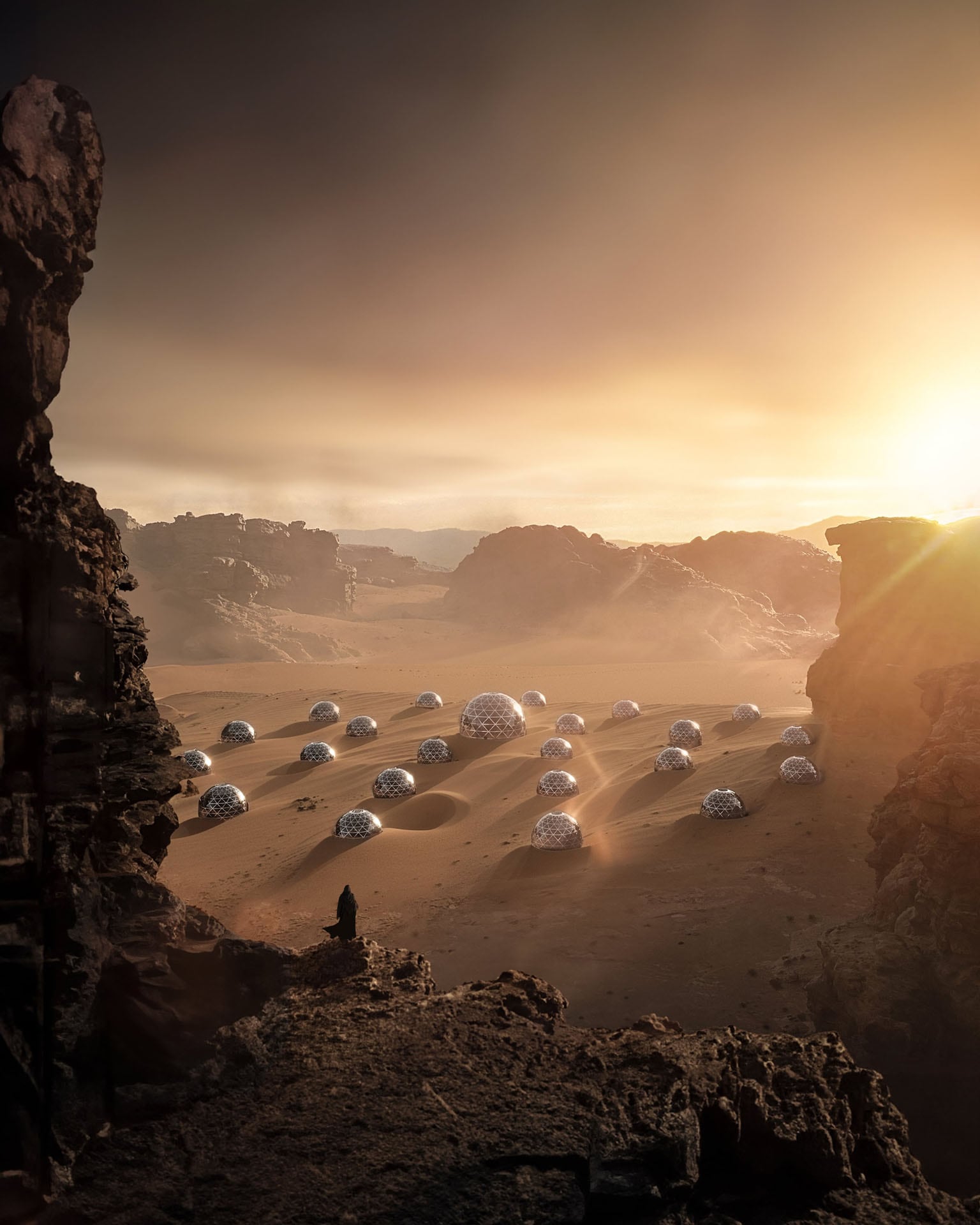 Photorealistic 3D rendering of a futuristic desert colony with geodesic spheres at sunset