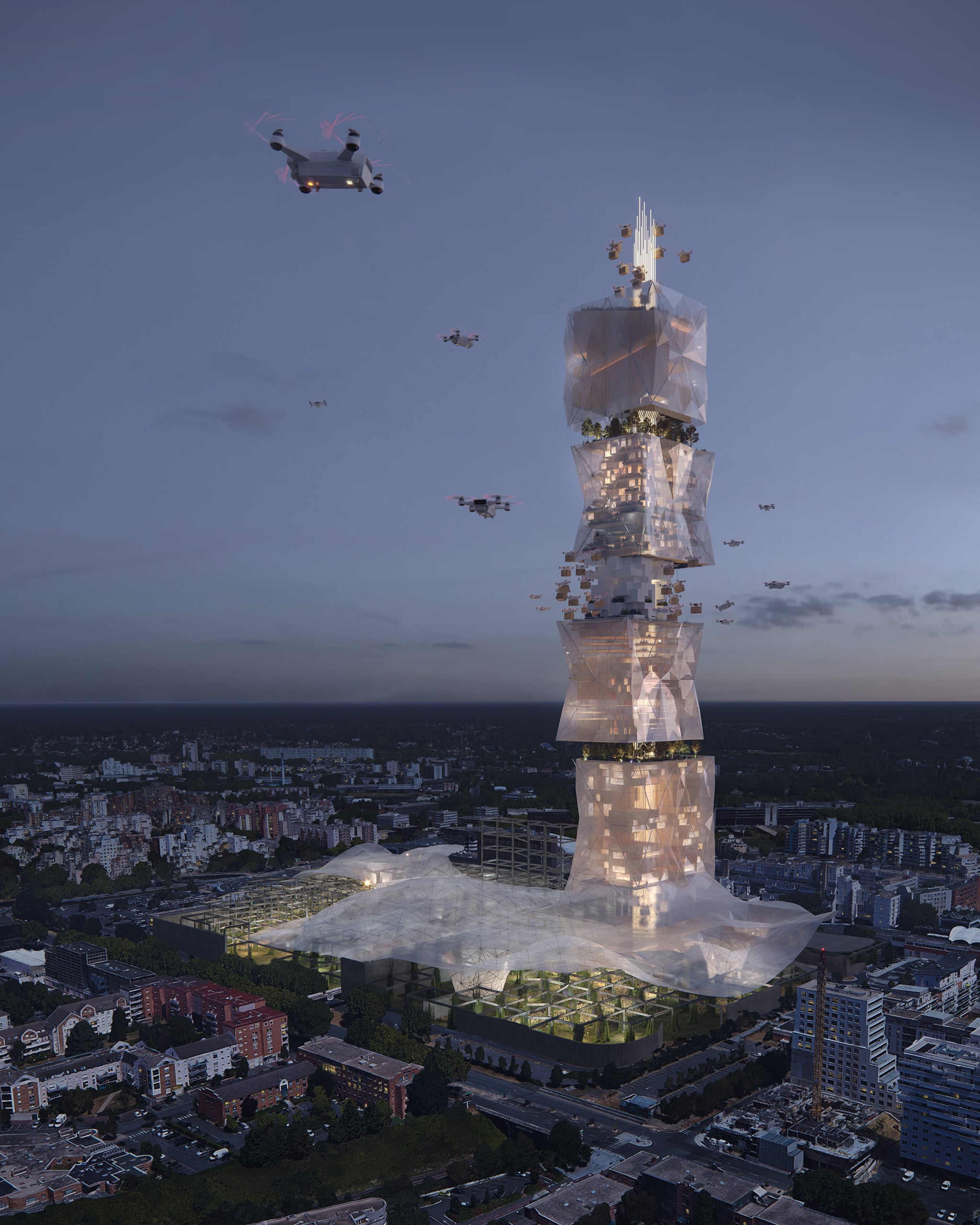 Aerial rendering of a high-rise tower conceptualized as a smart warehouse in the suburbs of Paris