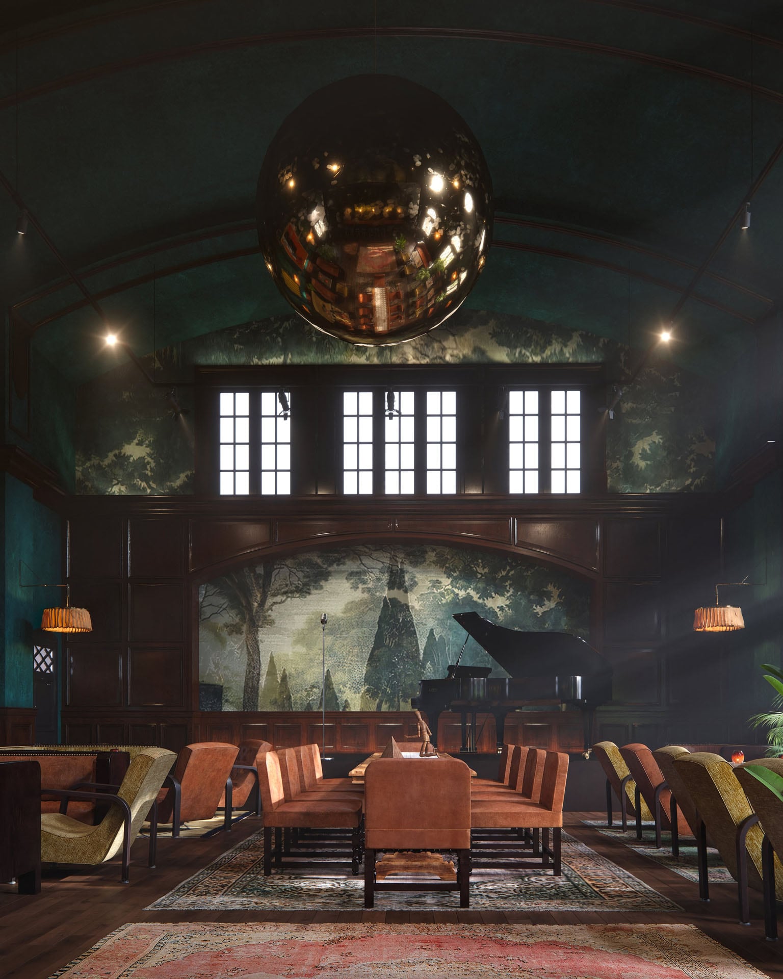 Photorealistic interior of a dining area with a large table, chairs, a grand piano on stage, and a large spherical chandelier