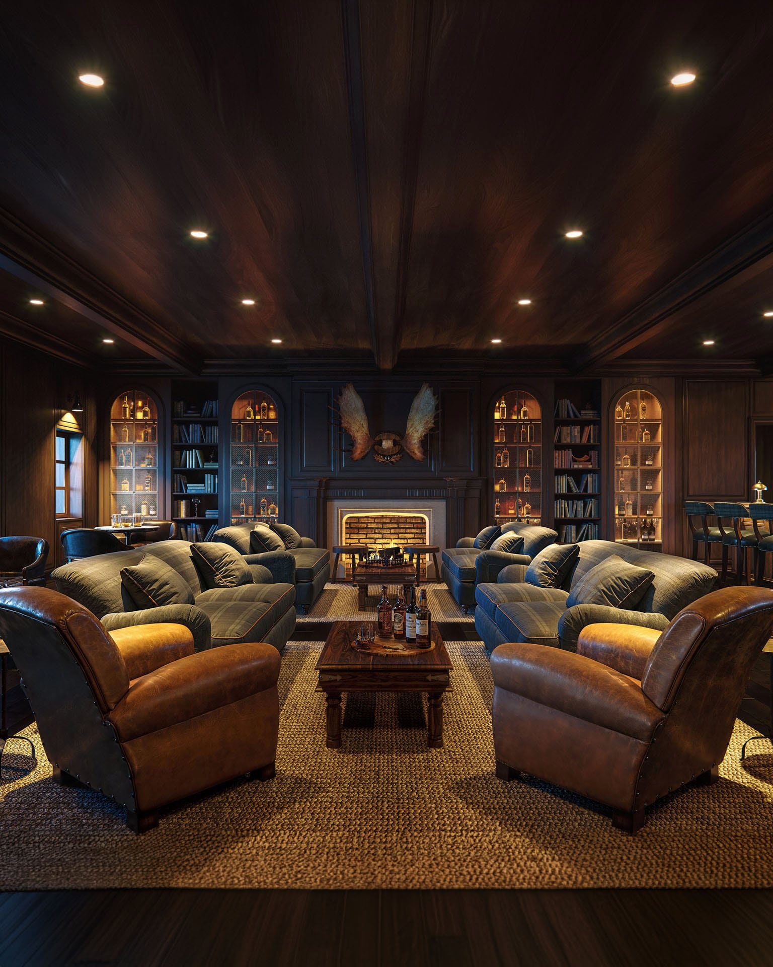 Photorealistic 3D rendering of a luxurious lounge area with leather armchairs, sofas, a fireplace, and bookshelves