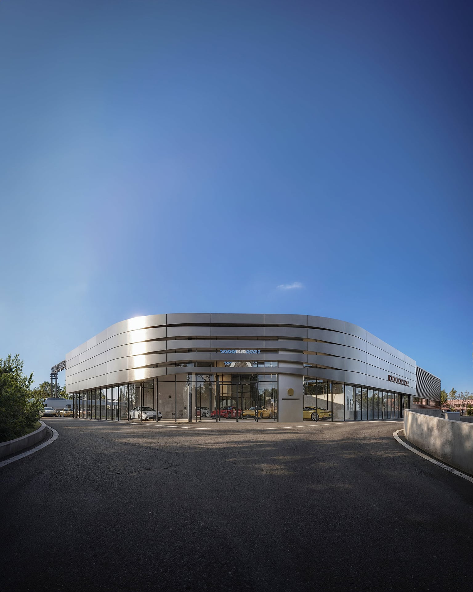 3D architectural visualization of Porsche car dealer center in Rome, Italy, street level view