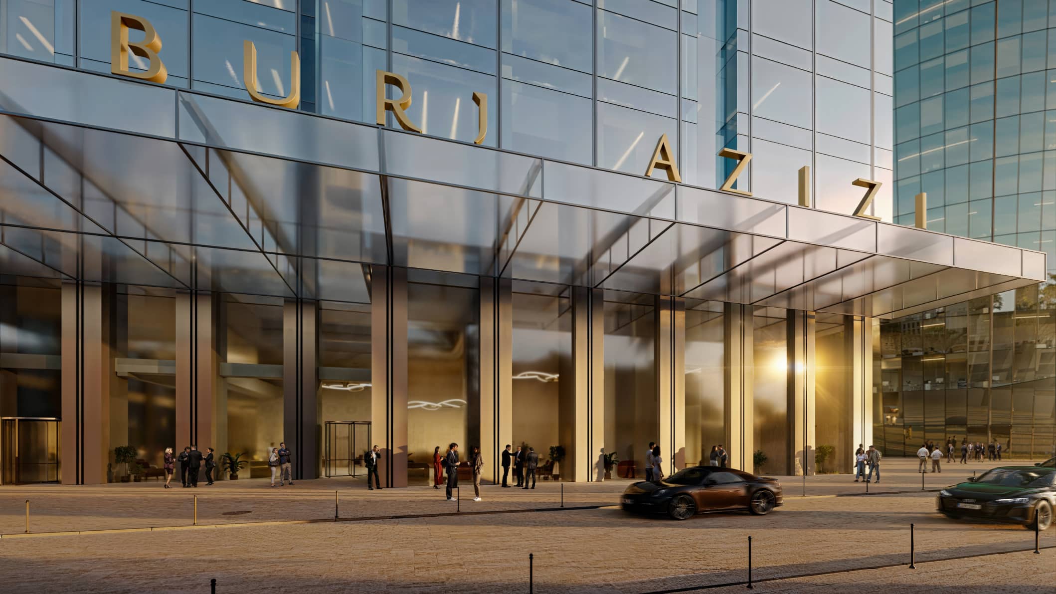 3D Rendering of Burj Azizi Entrance: An elegant portrayal of the entrance, showcasing its luxurious design and inviting ambiance.