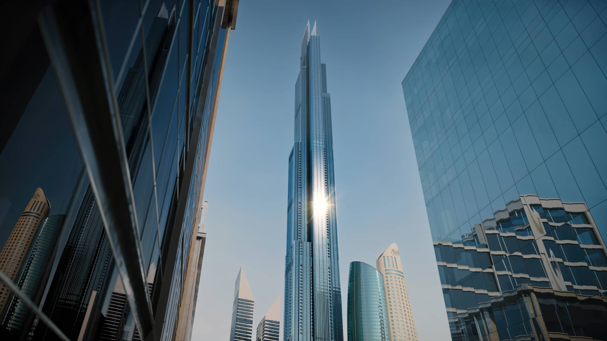 3D Rendering of Burj Azizi from the Ground: A captivating view of Burj Azizi from ground level, emphasizing its towering presence and architectural grandeur.
